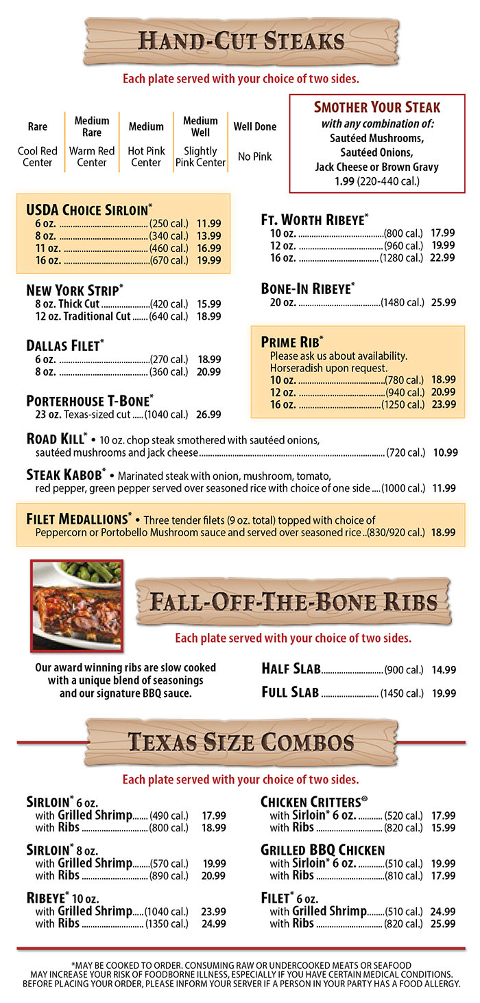 texas road roadhouse menu