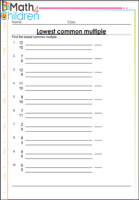 lowest common factor worksheet