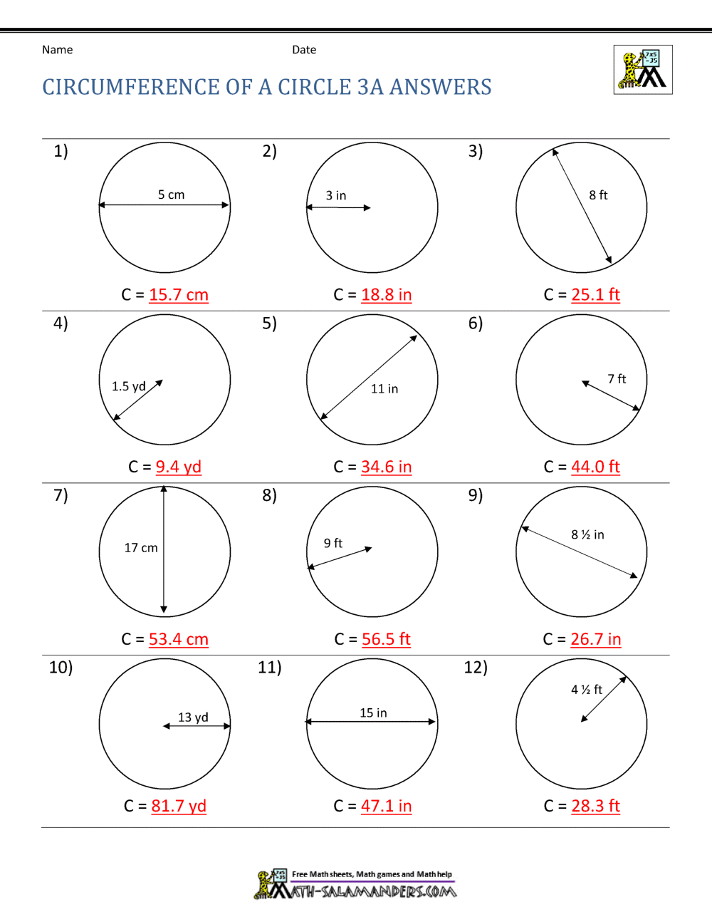 worksheet for circumference of a circle