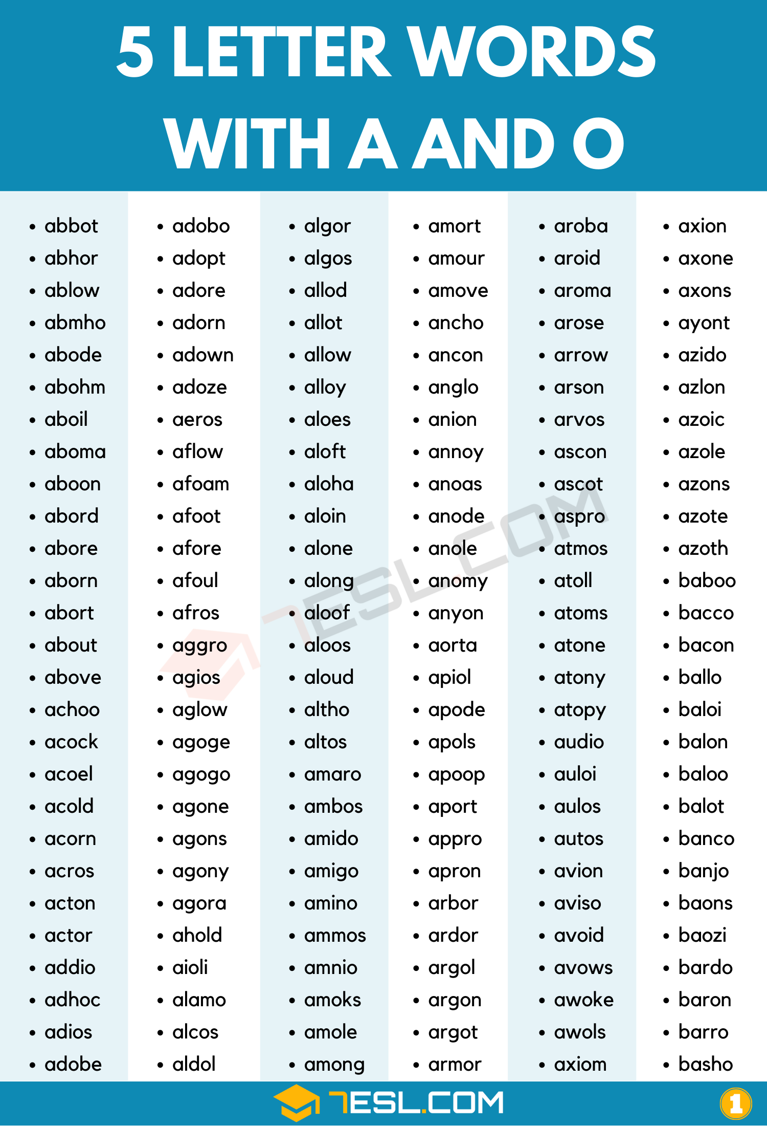 5 letter words ending in oa