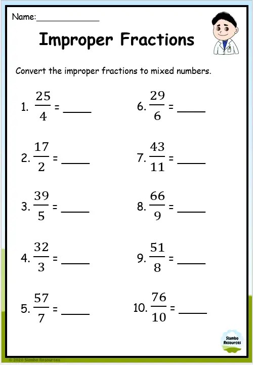 improper fractions to mixed numbers worksheet