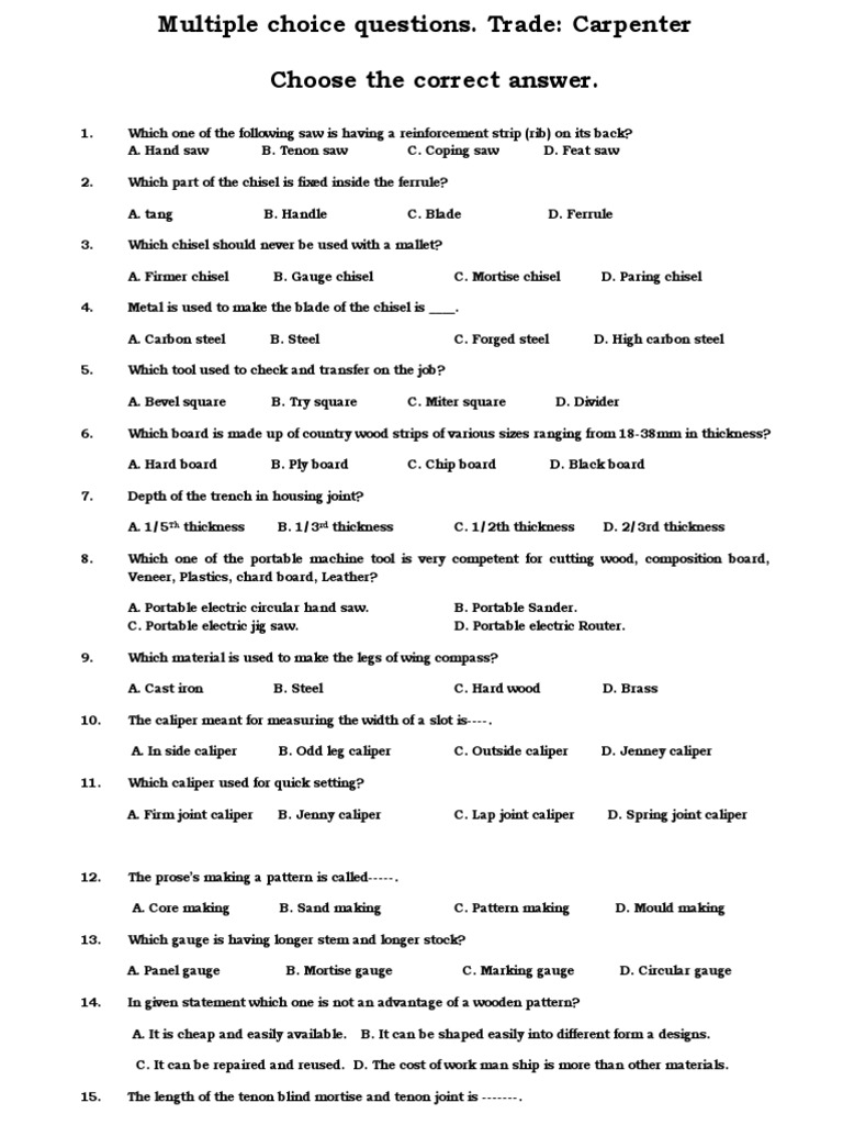 carpentry test questions and answers pdf