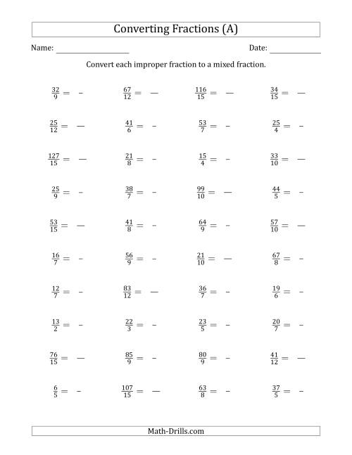 improper to mixed fractions worksheet