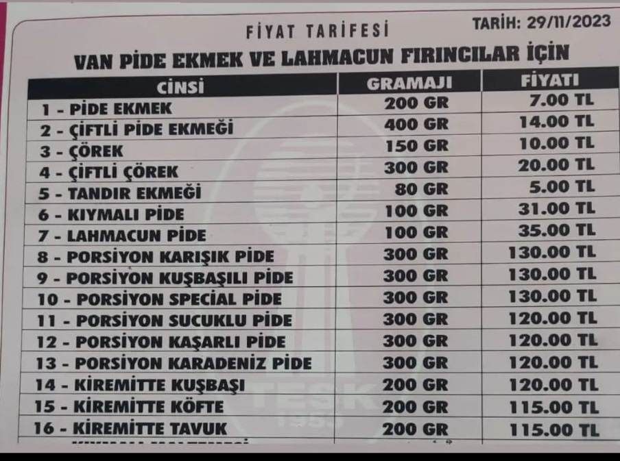 van lahmacun fiyatları