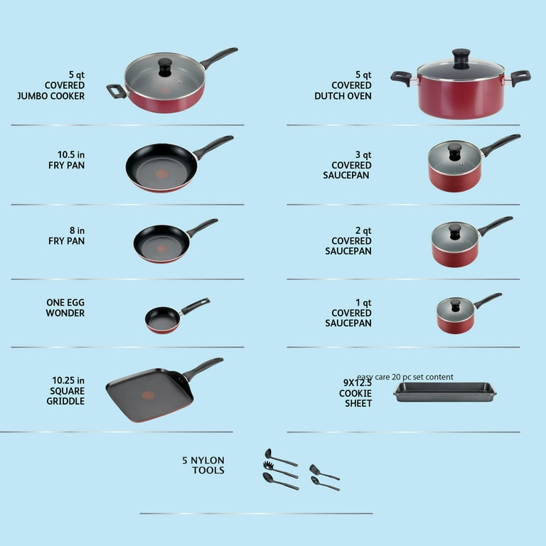 t fal 20 piece cookware set