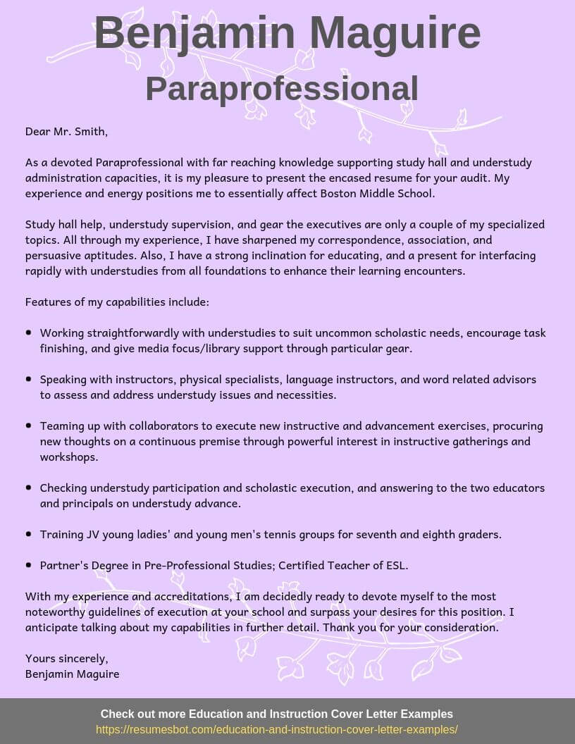 cover letter for a paraprofessional