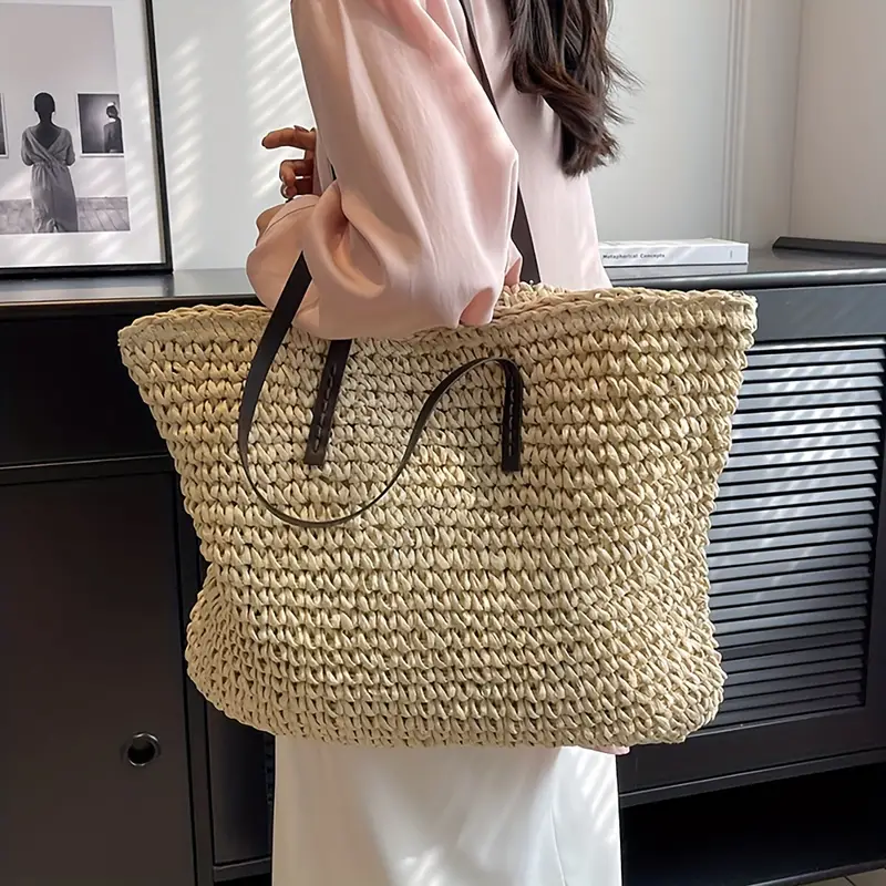 straw beach bag with zipper