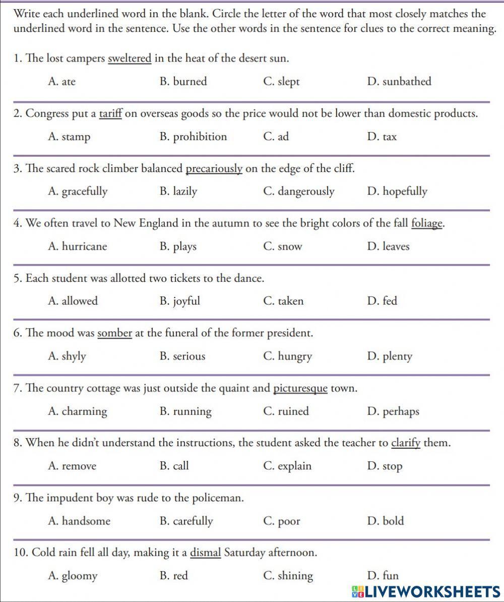 context clues worksheets grade 8