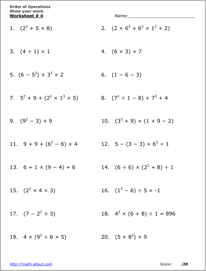 order of operations with exponents worksheet pdf