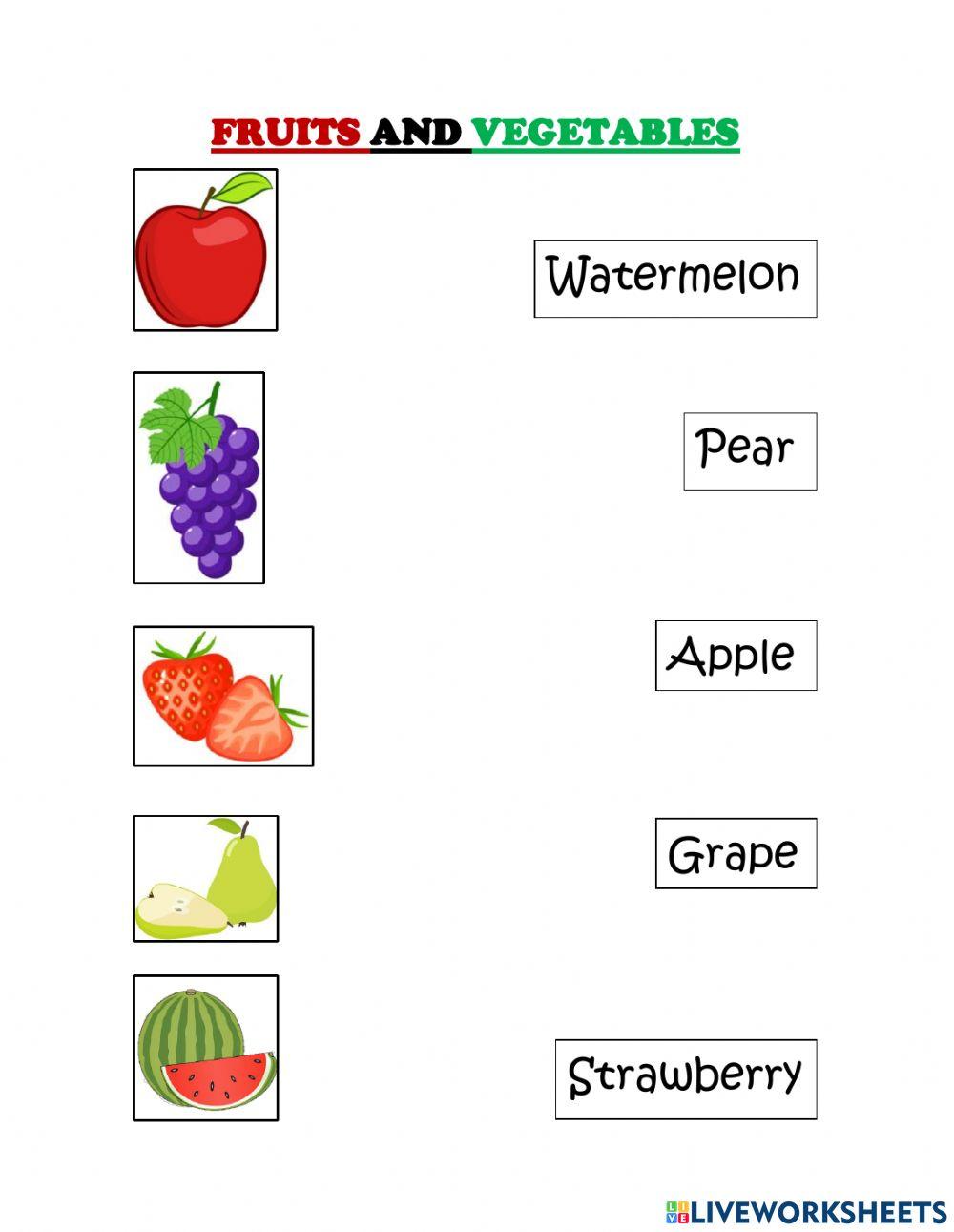 matching fruits and vegetables worksheets for kindergarten