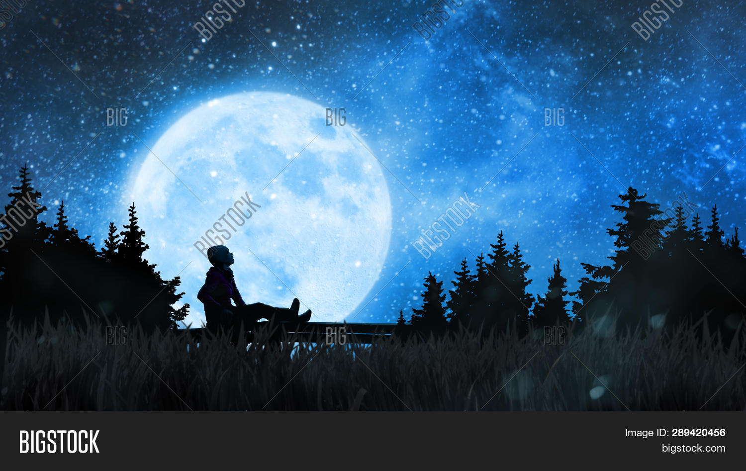 girl looking at moon and stars