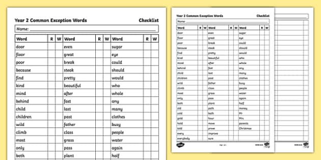 year 2 common exception words list