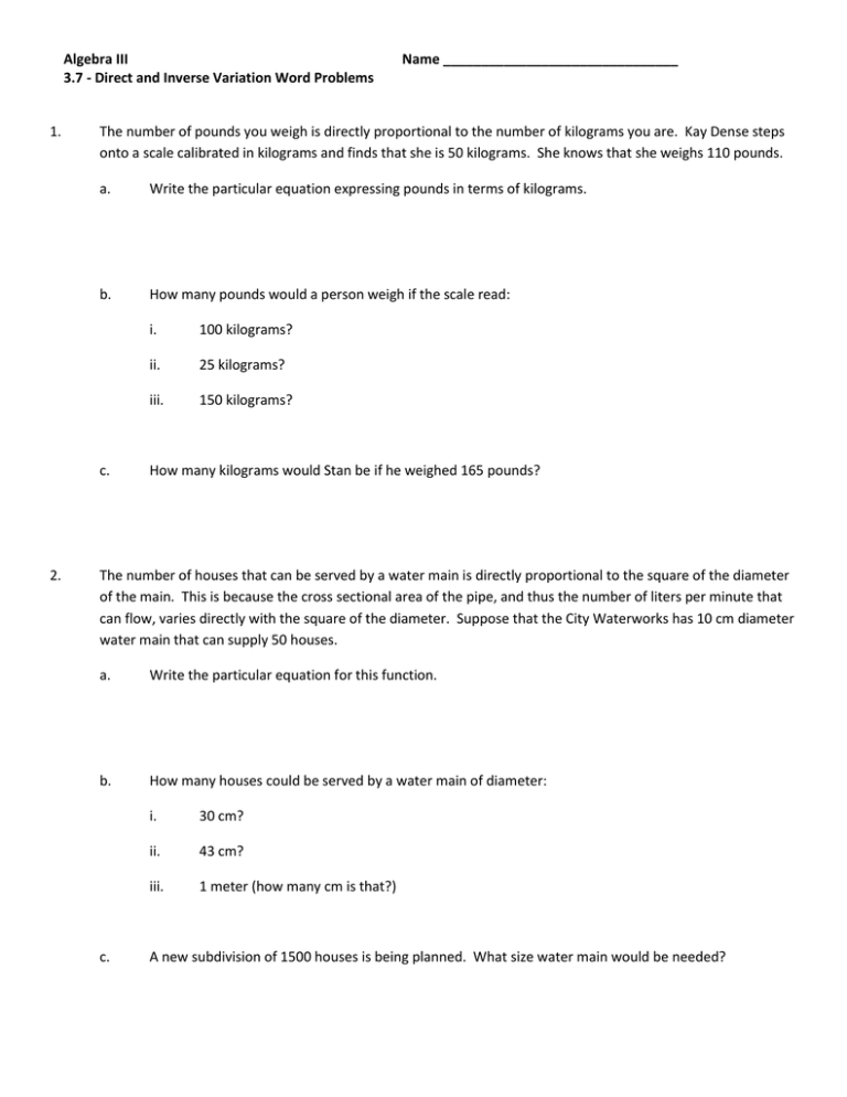 direct and inverse variation word problems worksheet with answers