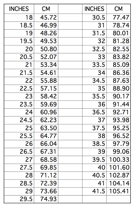 cm inches conversion chart