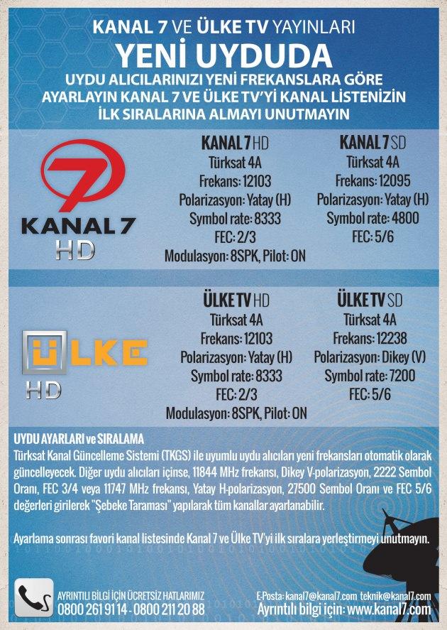 kanal 7 frekans türksat 2a 3a