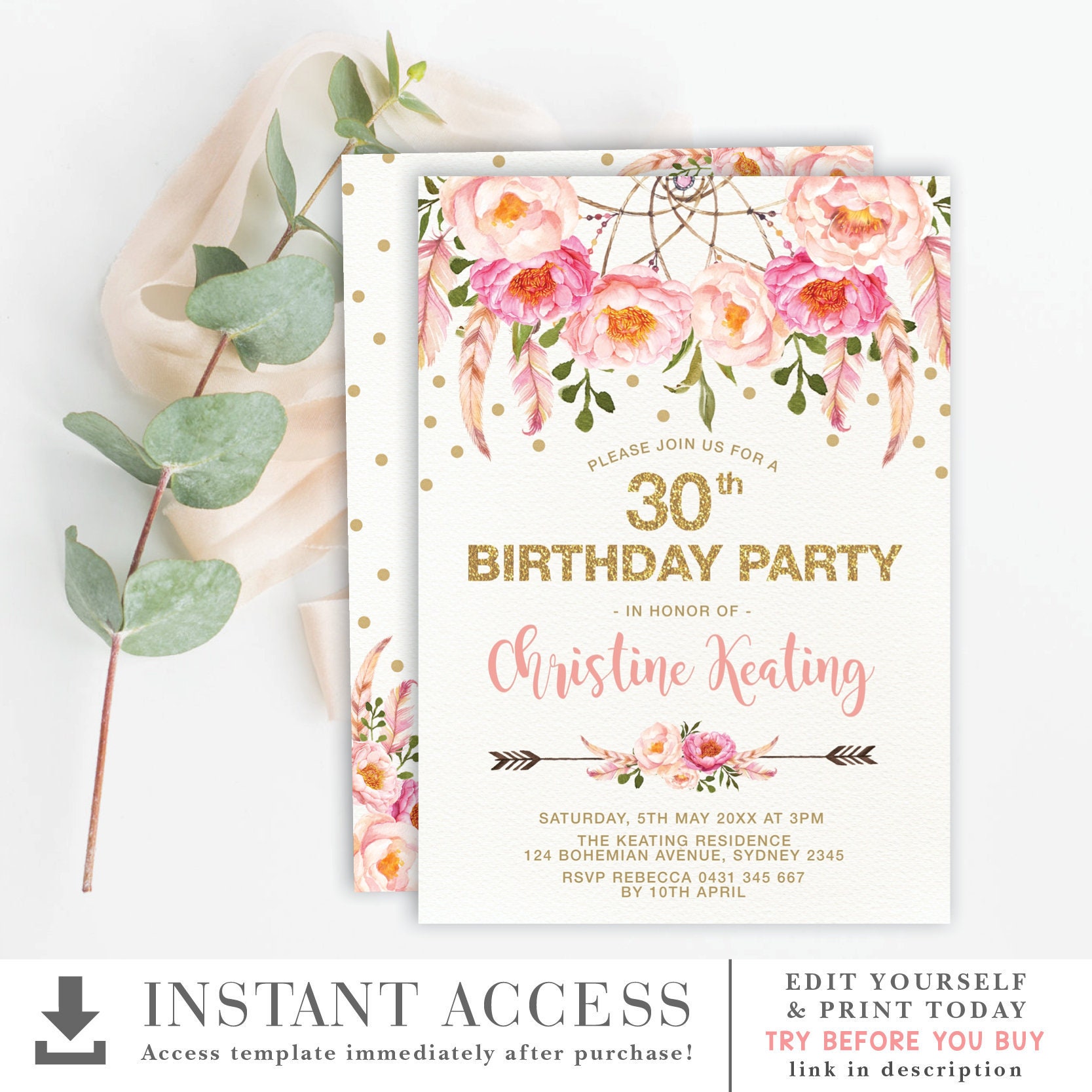 bohemian birthday invitation