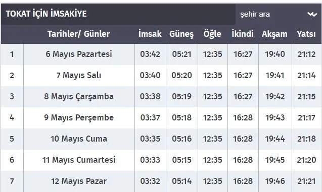 tokat için akşam ezanı vakti