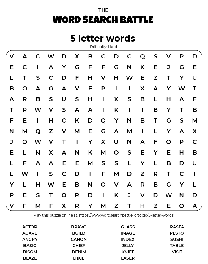 word search 5 letters