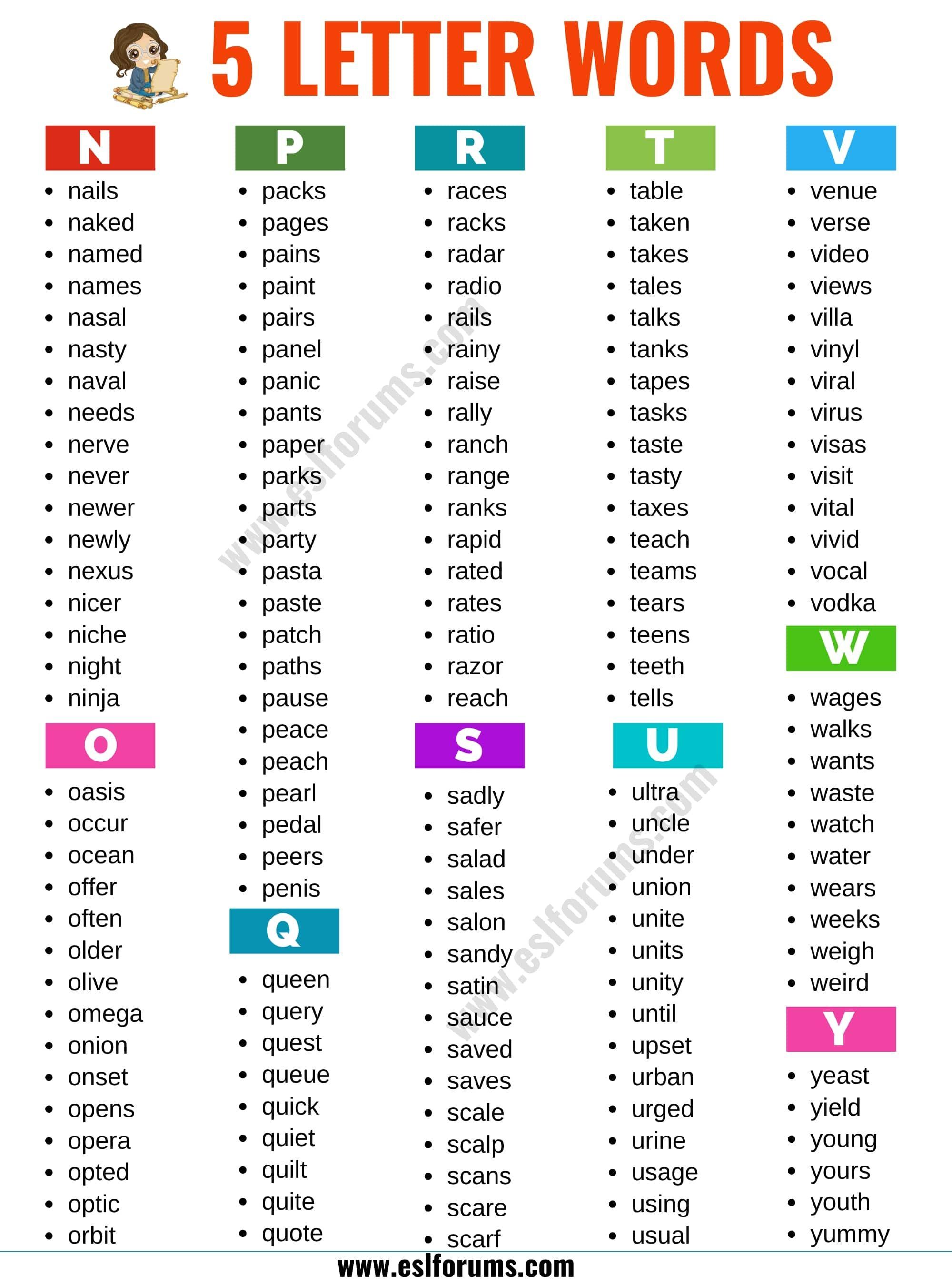 5 letter words with the following letters