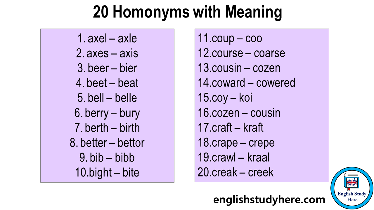 50 homonyms with meaning