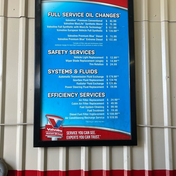 valvoline oil change prices