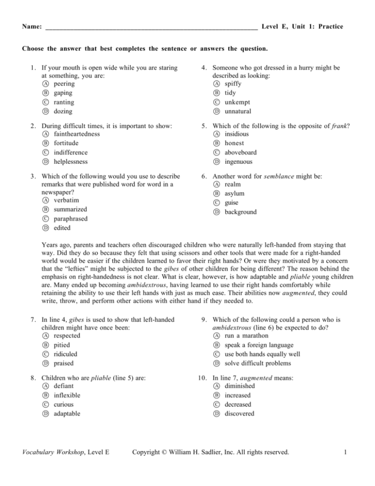 vocabulary unit 1 level e