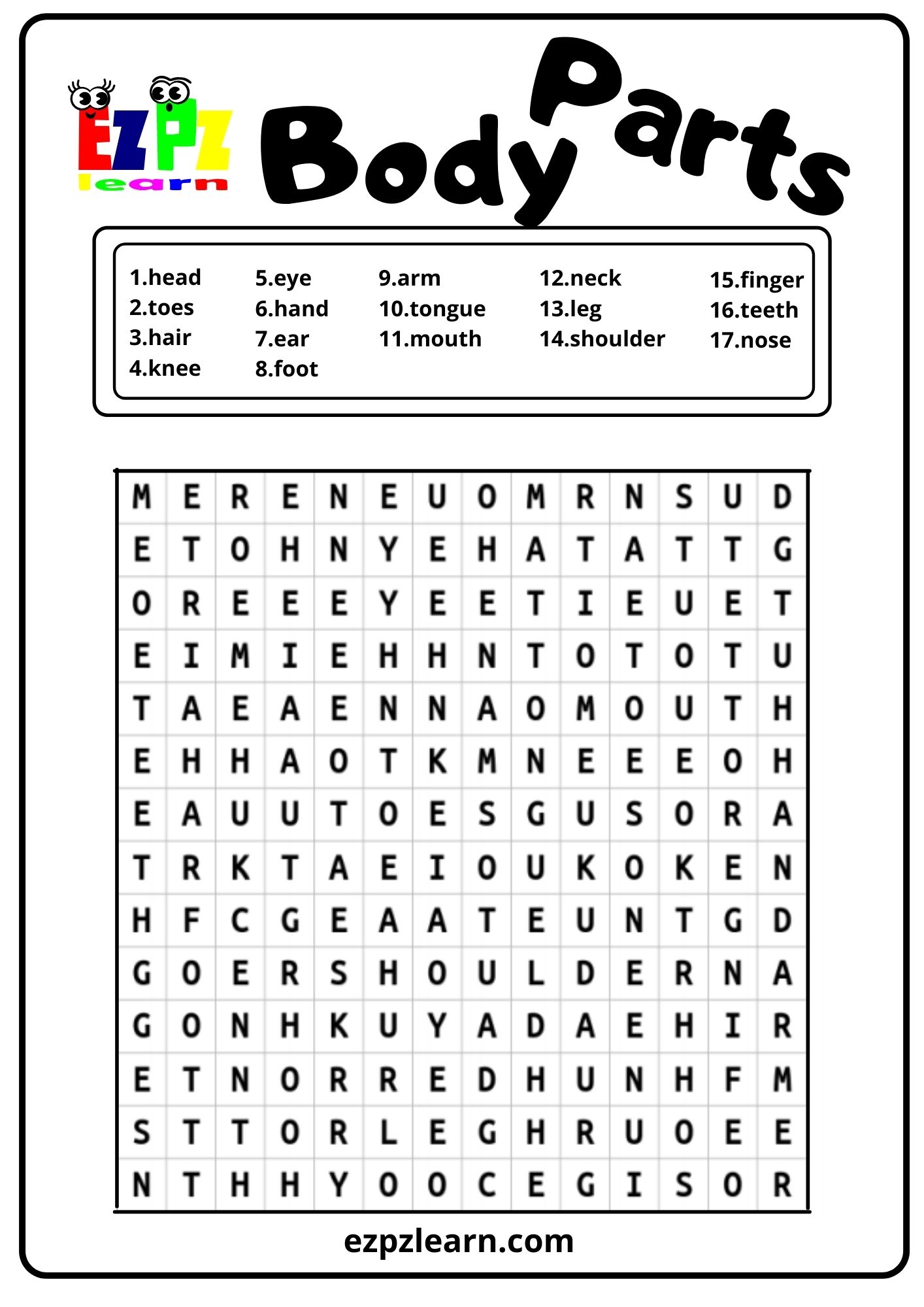 body parts word search