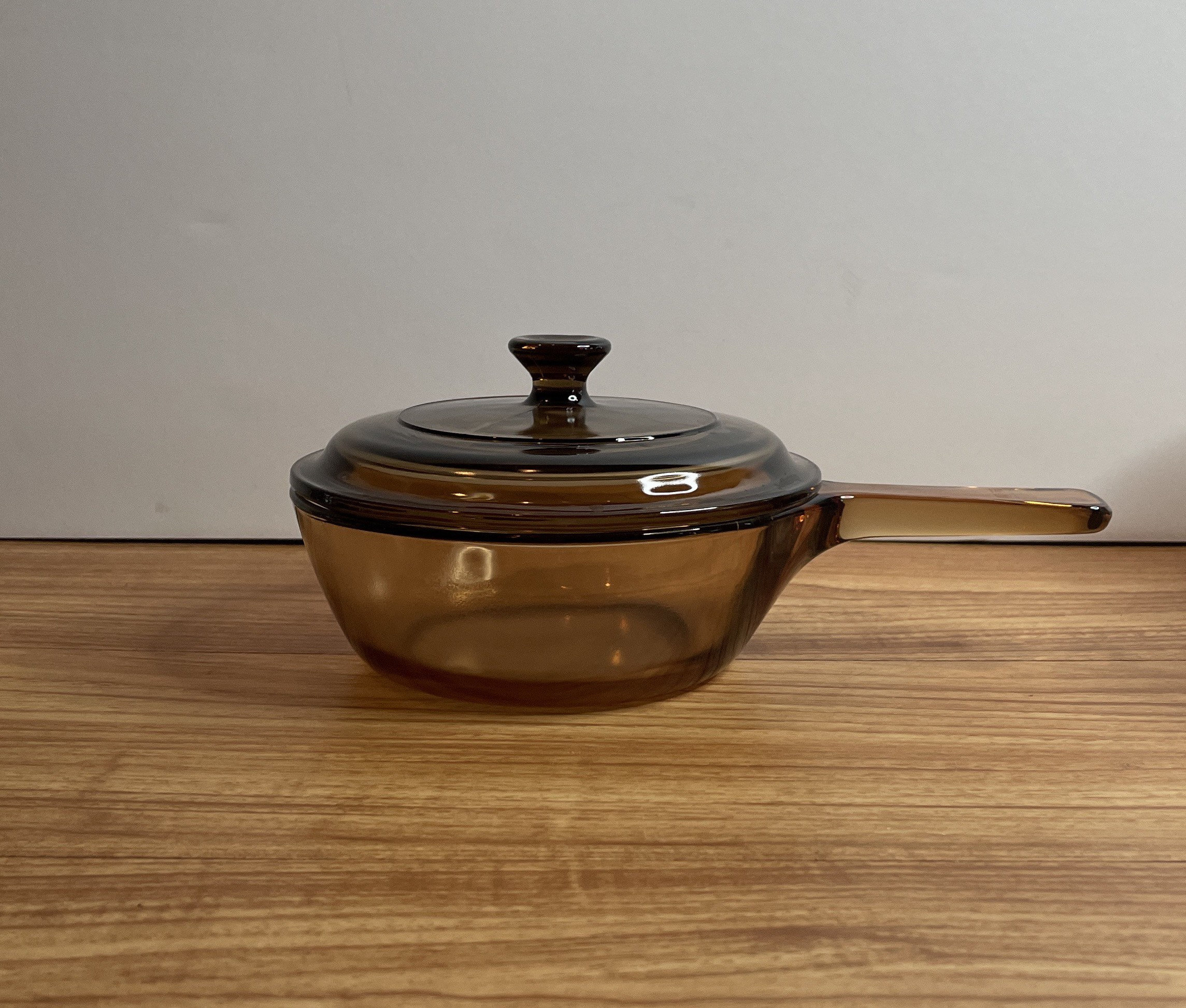 brown glass saucepans