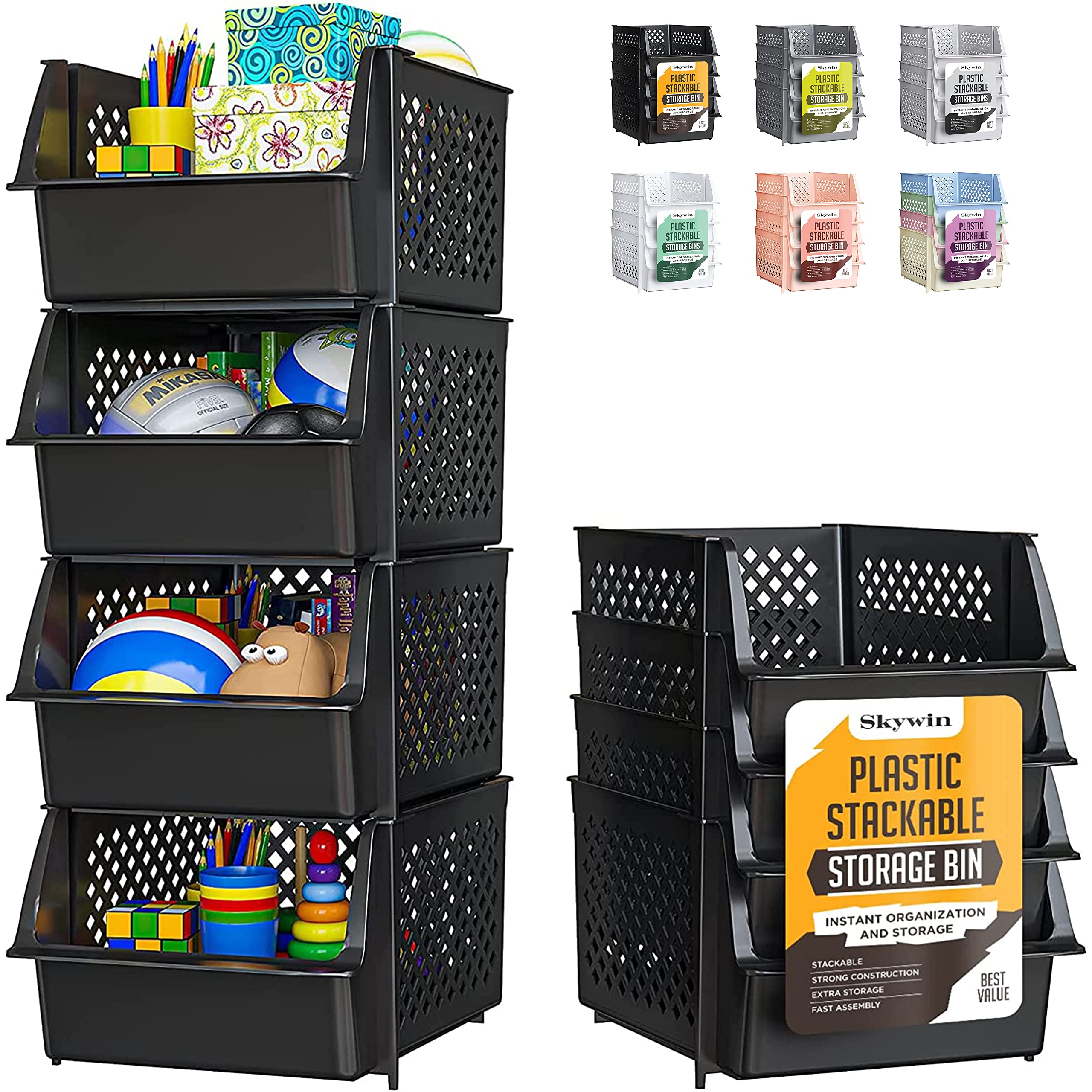 stackable storage bins nearby