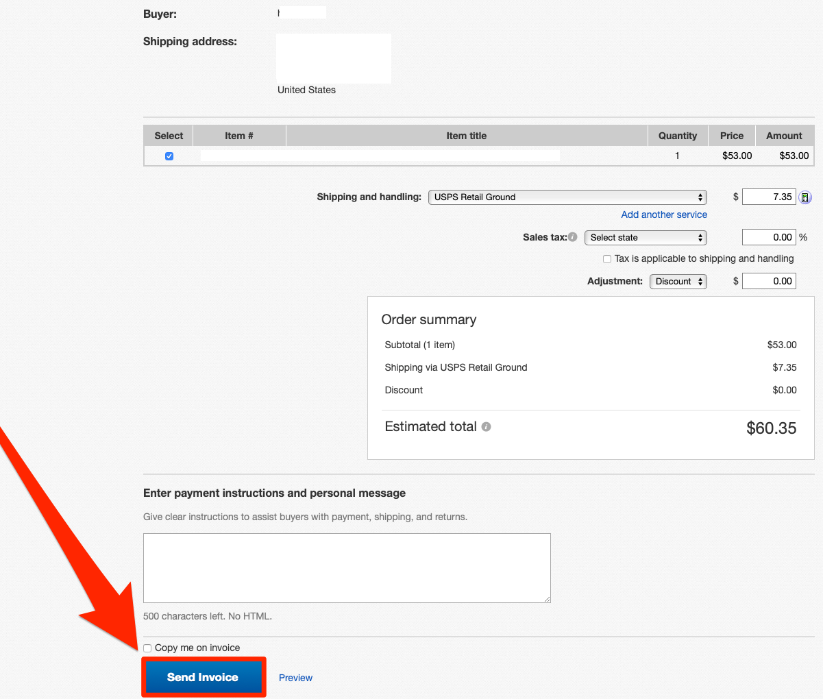 sending an invoice on ebay