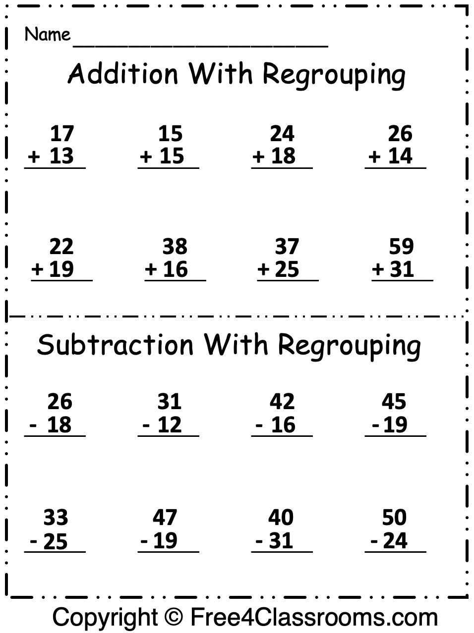 grade 2 math worksheets addition and subtraction with regrouping