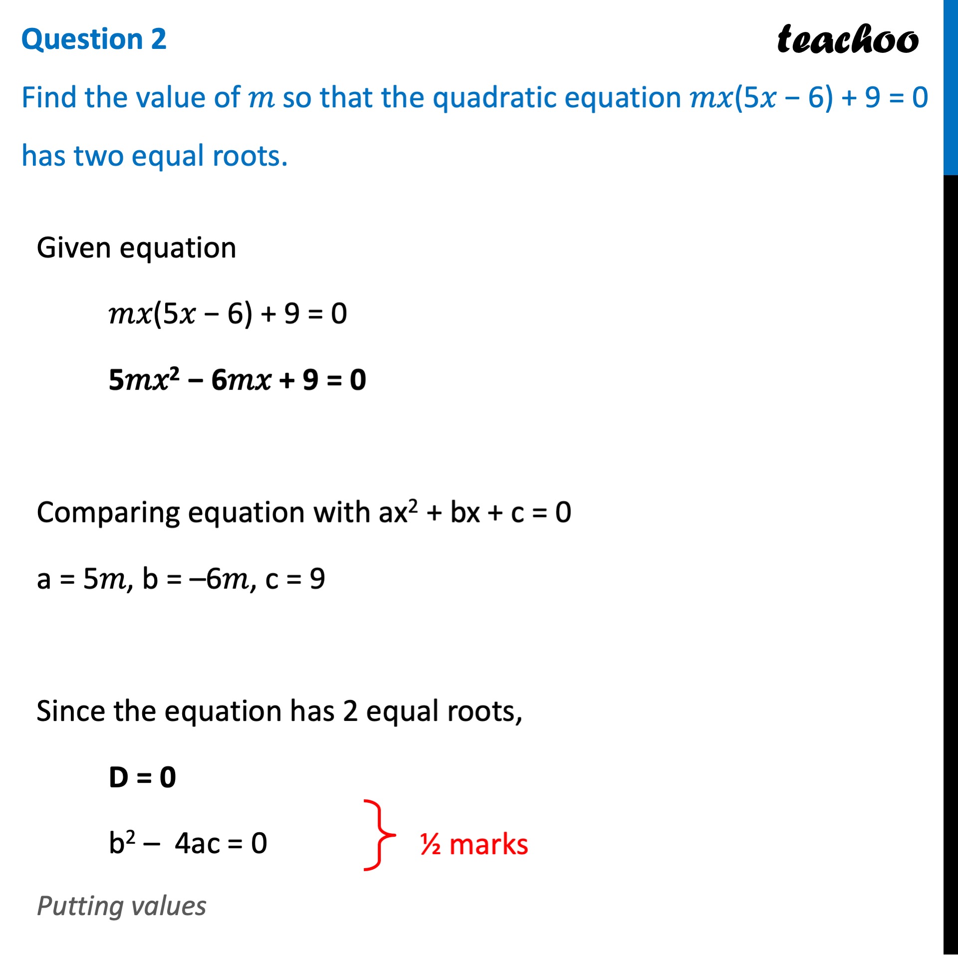 find the value of m for which the quadratic equation