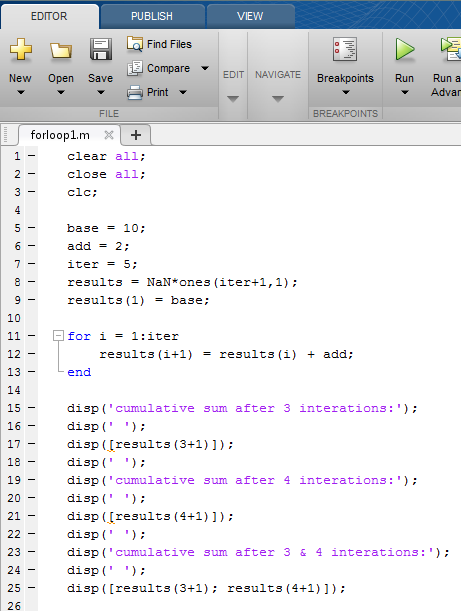 how to use for loop in matlab