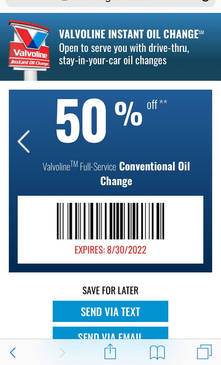 valvoline 50 percent off conventional oil change coupon