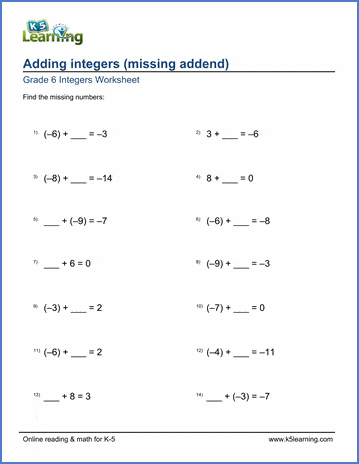 6th grade integers worksheet