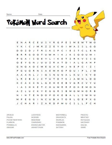 easy pokemon word search