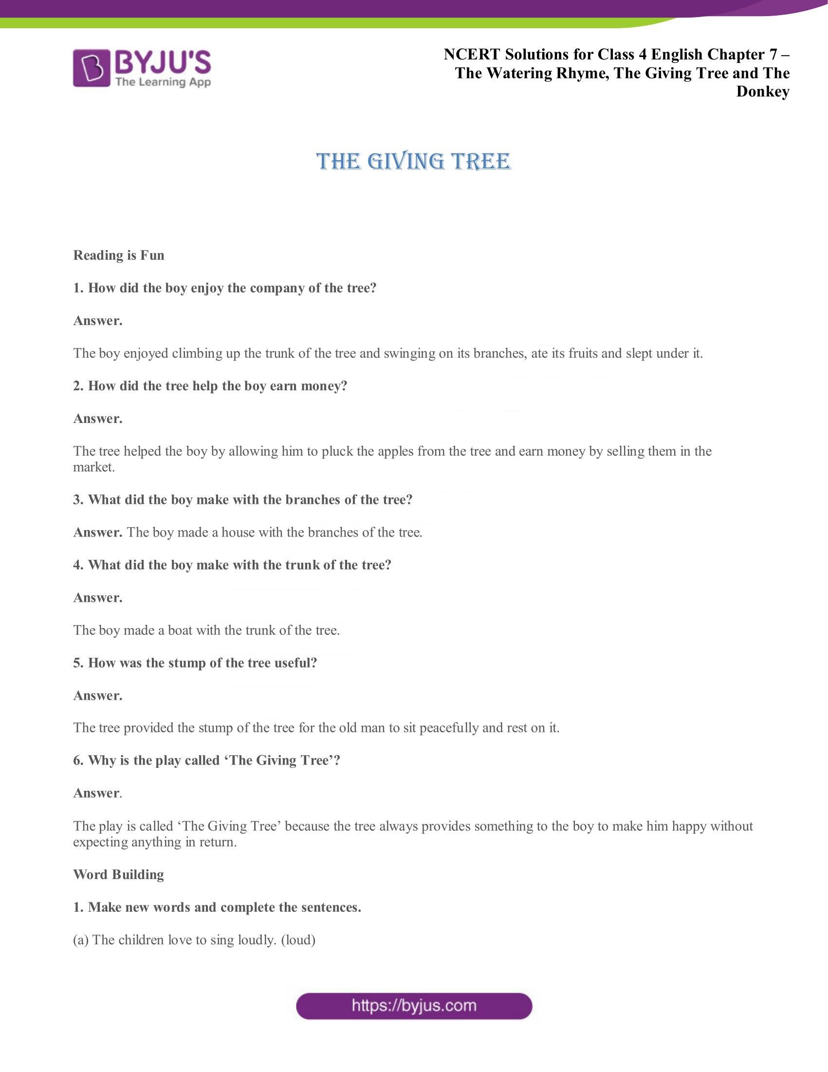 the giving tree class 4 questions and answers