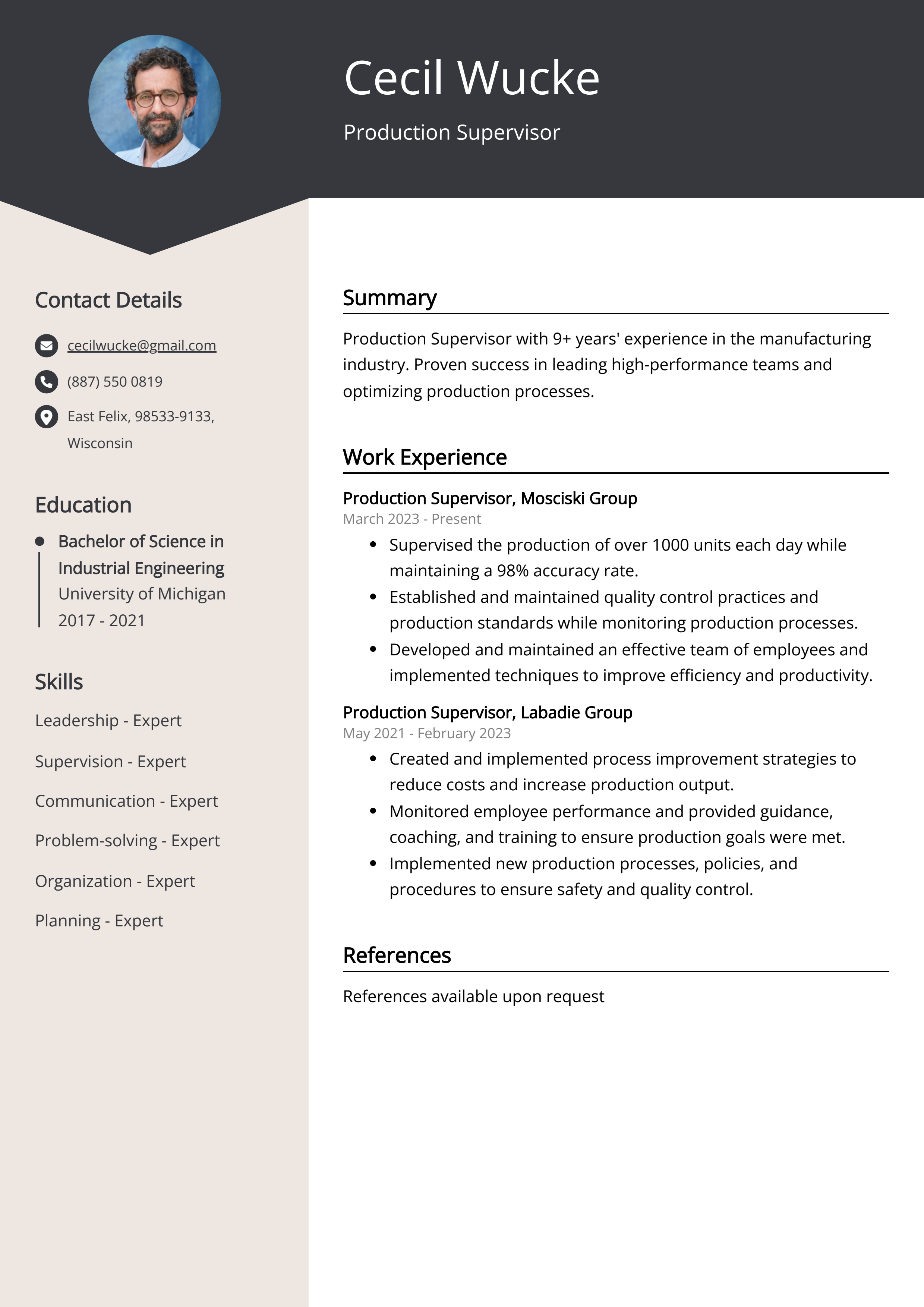 production incharge resume