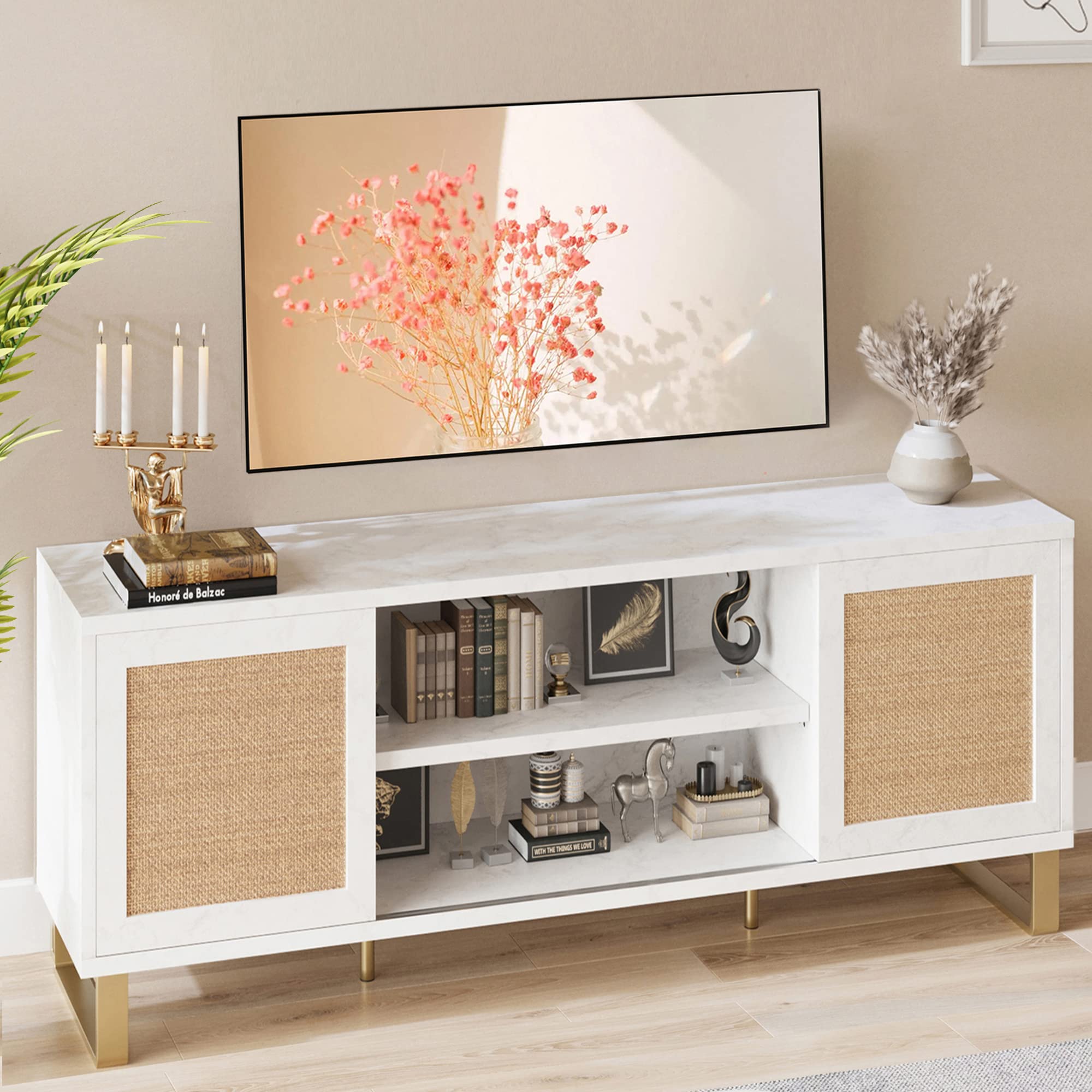 white and rattan tv stand