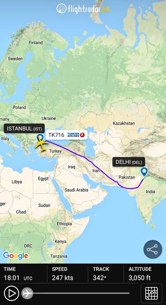 turkey to india flight time