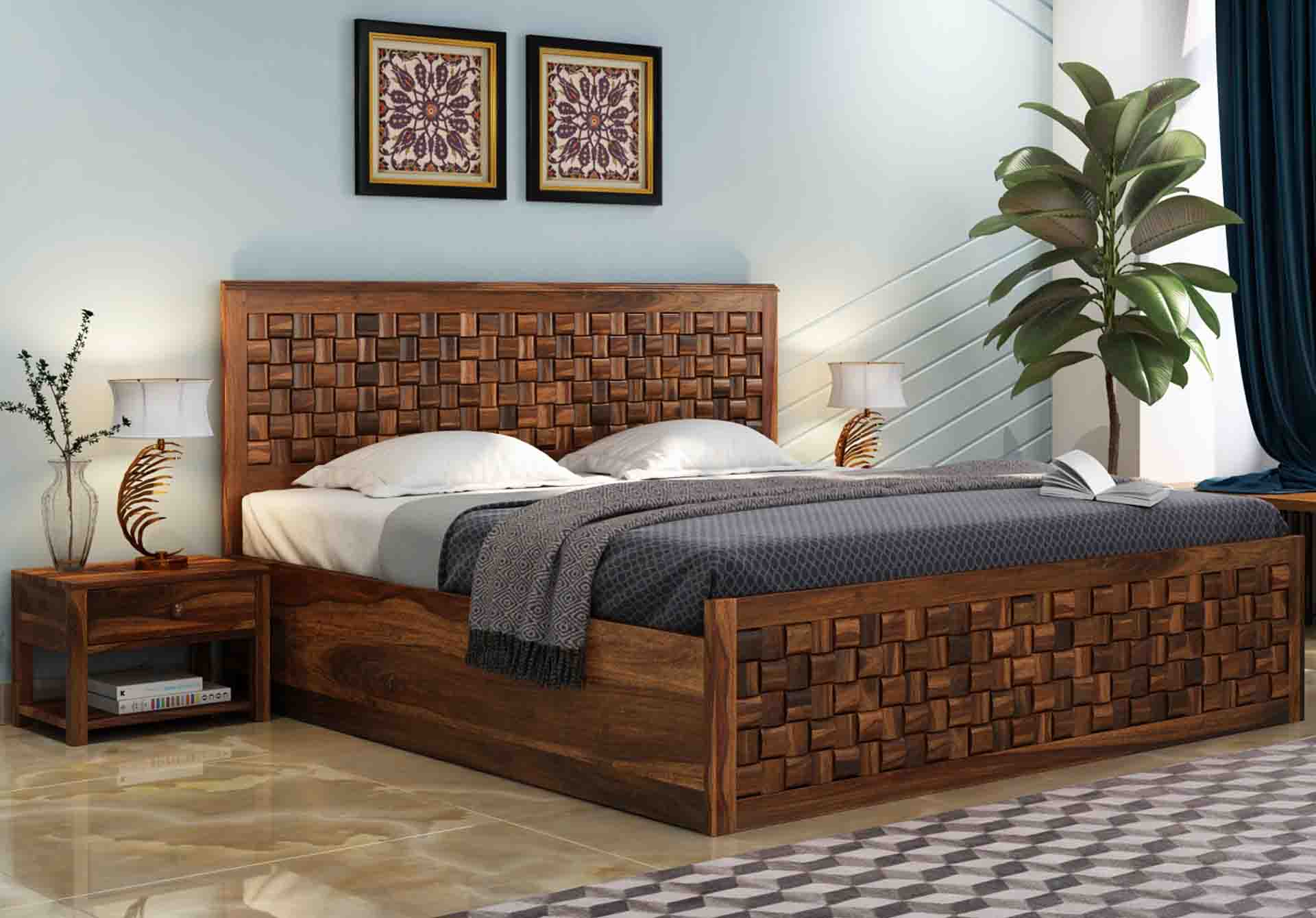 teak wood bed with hydraulic storage