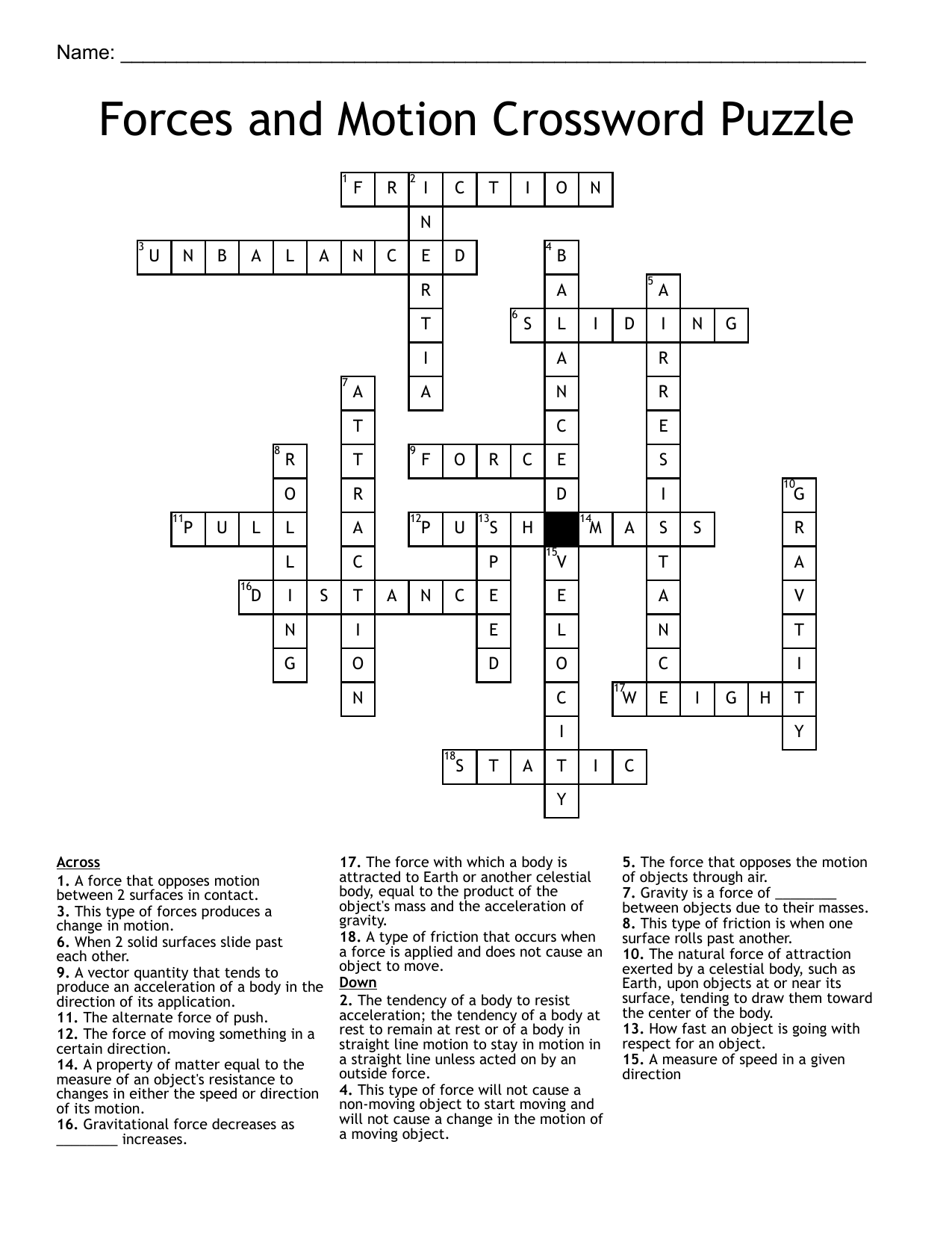 force and motion study crossword answer key