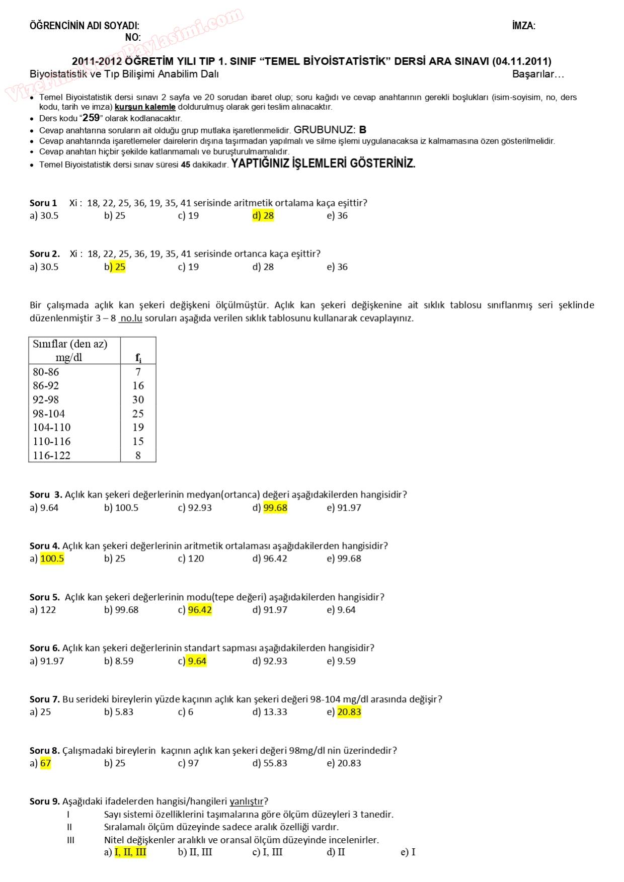 biyoistatistik vize soruları ve cevapları