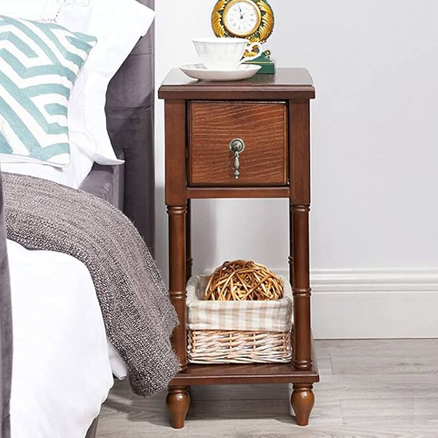 narrow bedside table with drawers