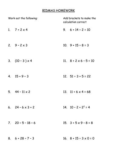 bidmas worksheets