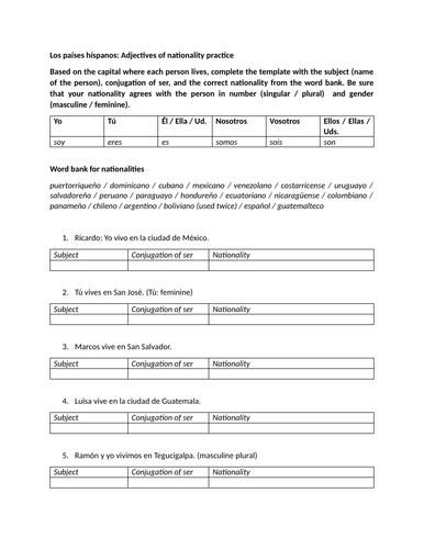 adjectives of nationality in spanish worksheets