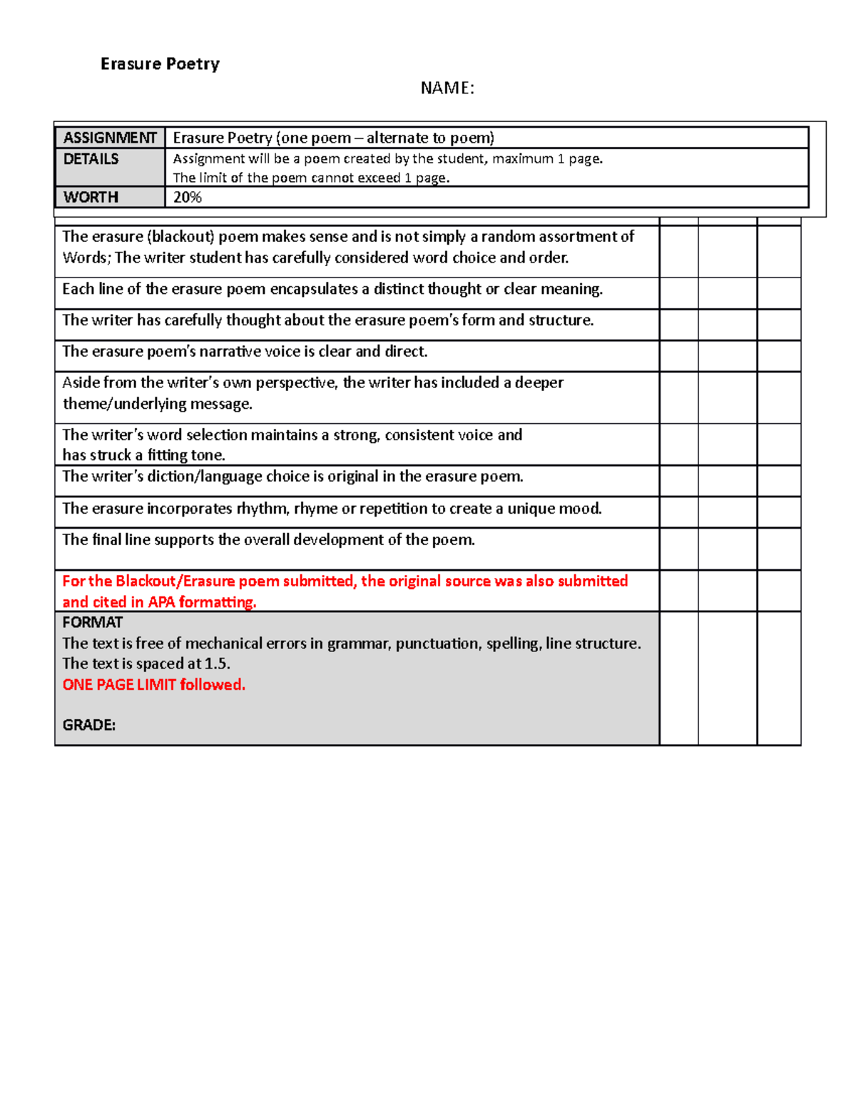 blackout poetry rubric