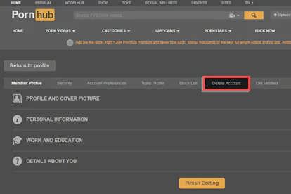 how to delete a pornhub account