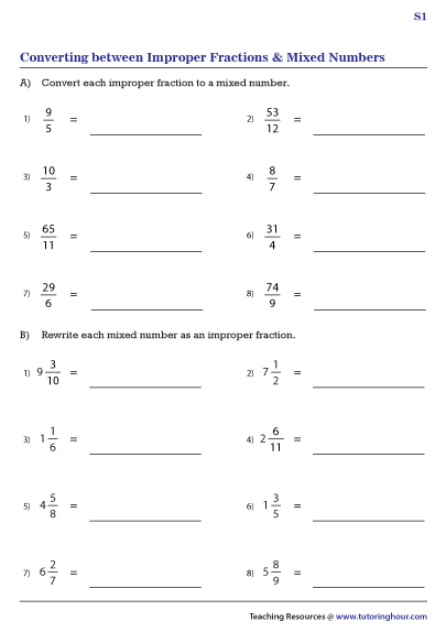 fractions improper to mixed worksheets