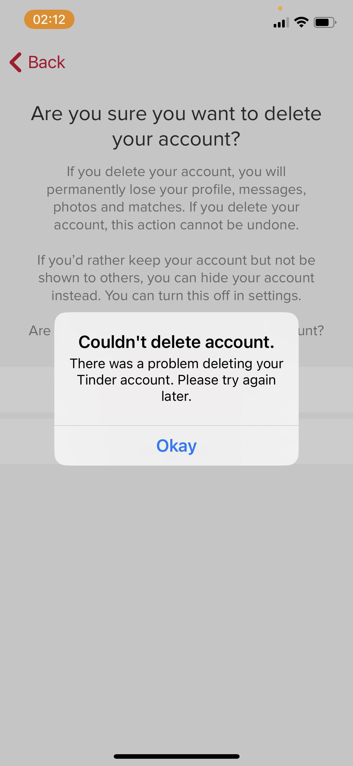 why wont tinder let me delete my account